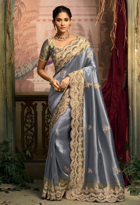 Blue Silk Saree with Heavy Gold Embroidered Border Designer Blouse